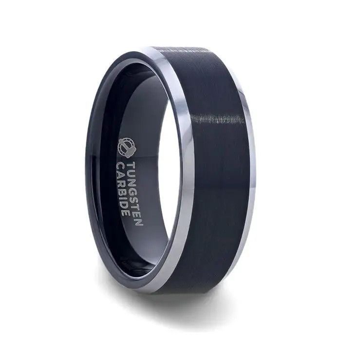 Black Brushed Center Tungsten Ring with Polished Beveled Edges - 8mm-Sz 9.75