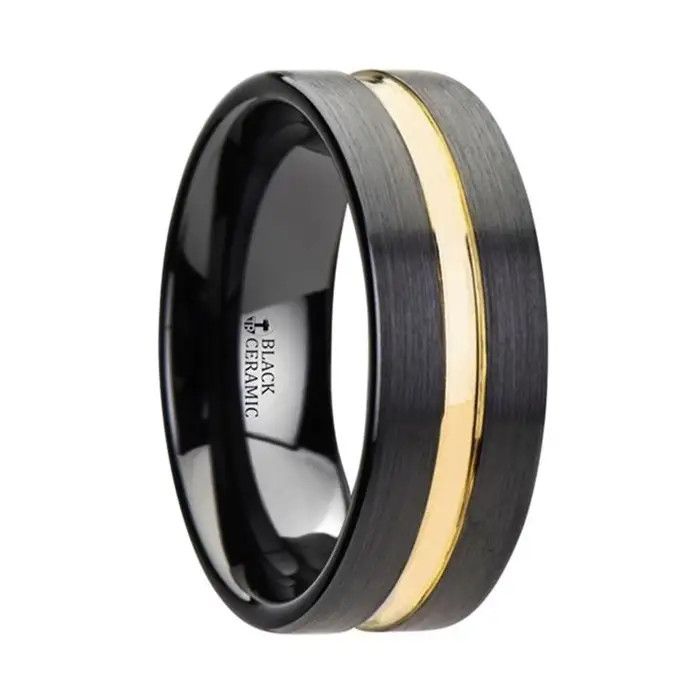 Black Ceramic Wedding Band With Yellow Gold Groove  - 8mm-SZ 10