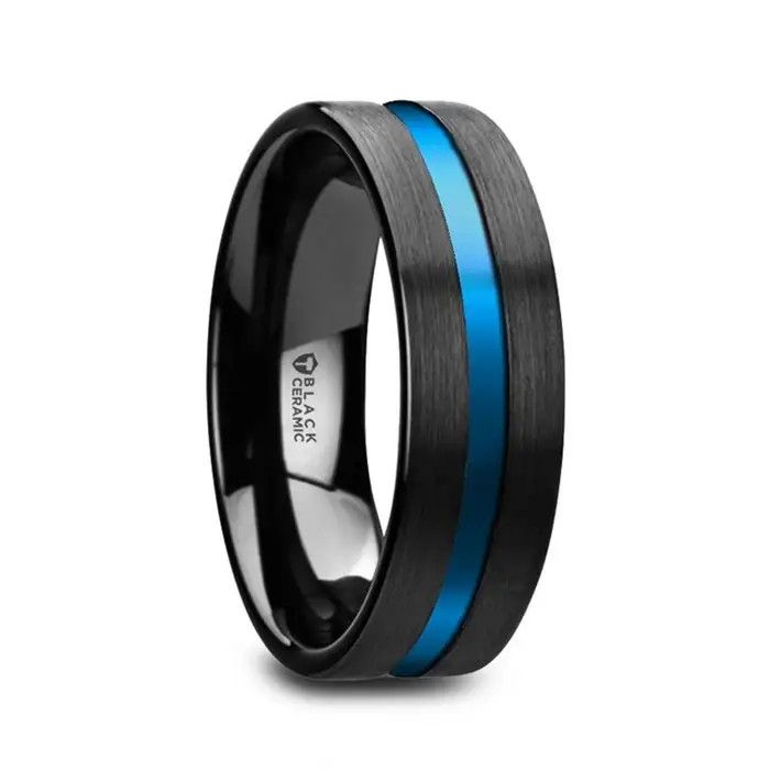 Flat Brushed Finish Black Ceramic with Blue Grooved Center - 8mm-Sz 10.5