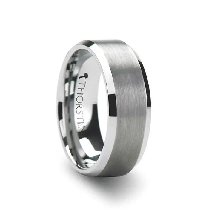 Brushed Center White Tungsten Ring with Beveled Edges -8mm-SZ 10