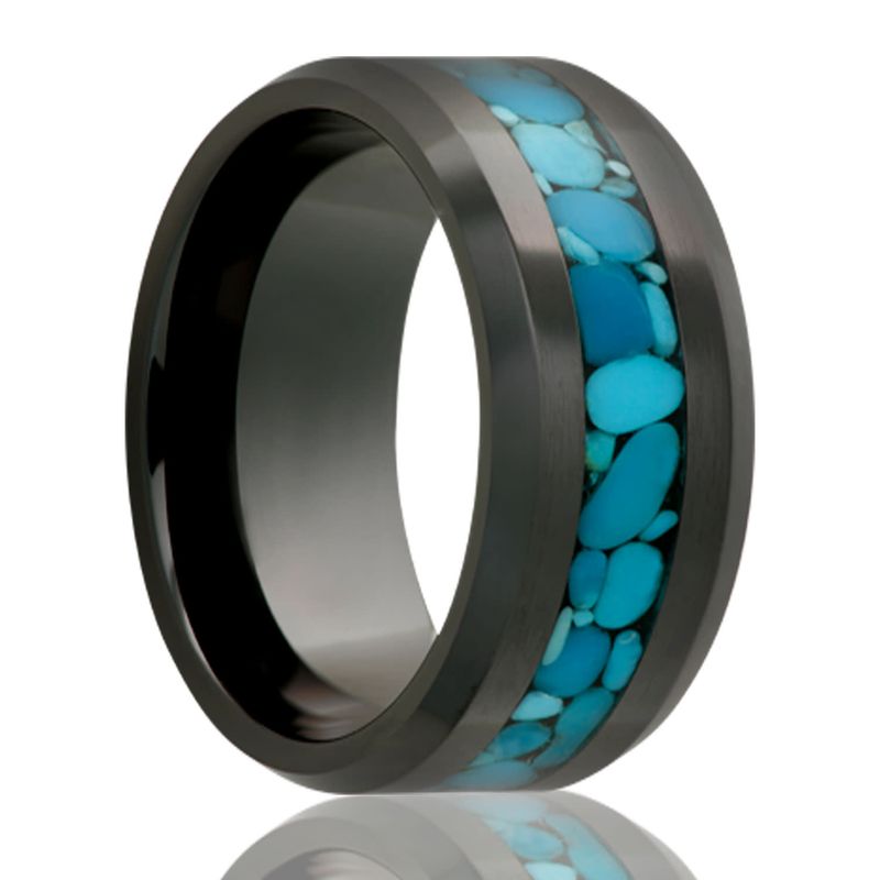 Black Ceramic Beveled Edge Ring W/ PebbleTurquoise inlay 8mm Sz 10