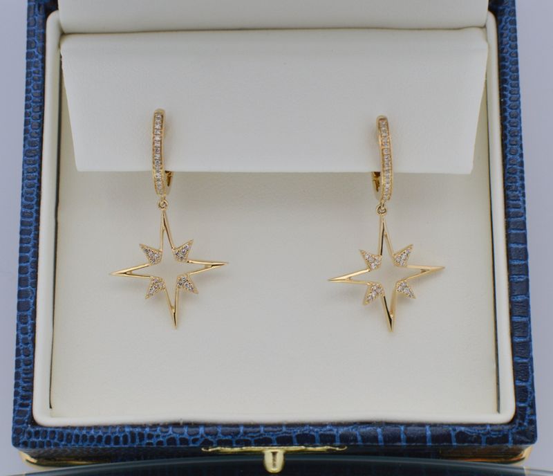 14k Yellow Gold Dangle Starburst .12ctw Diamond Earrings