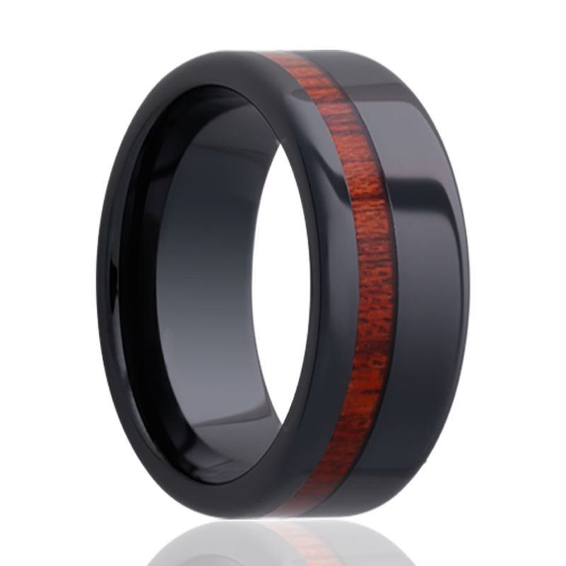 Black Ceramic Ring with a Blood Wood Inlay 8mm Sz 10
