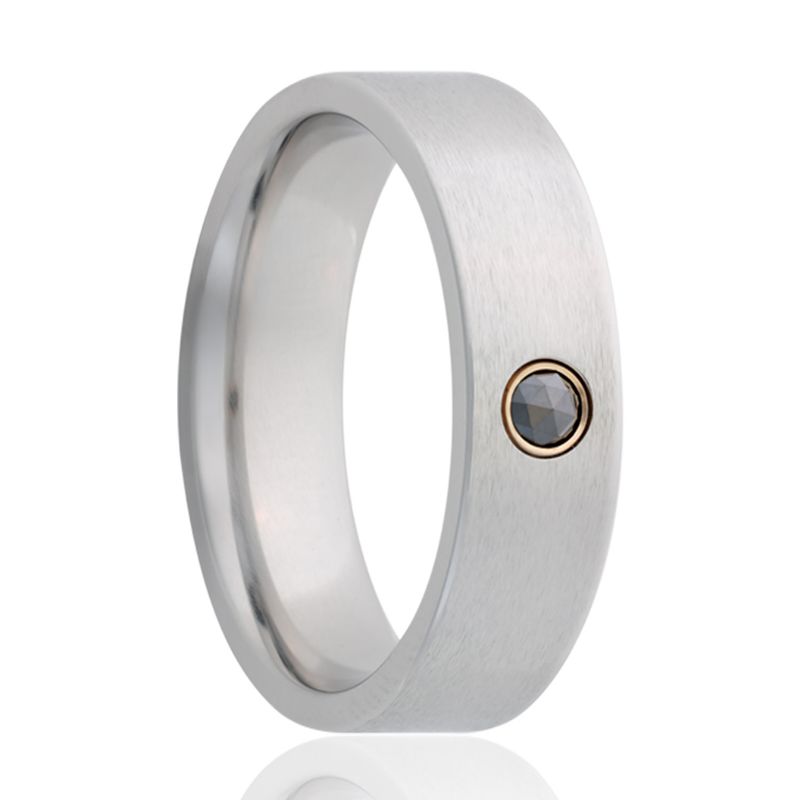 Zirconium Ring w/Black Rose Cut Diamond In 14ky Bezel/ Satin Finish, CF 6mm Sz 10