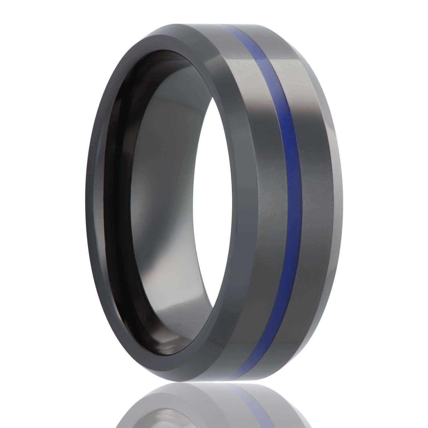 Black Ceramic Ring w/ Thin Blue Inlay Polished w/ Beveled Edge 8mm Sz 10 Comfort Fit