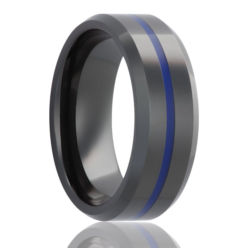 Black Ceramic Ring w/ Thin Blue Inlay Polished w/ Beveled Edge 8mm Sz 10 Comfort Fit