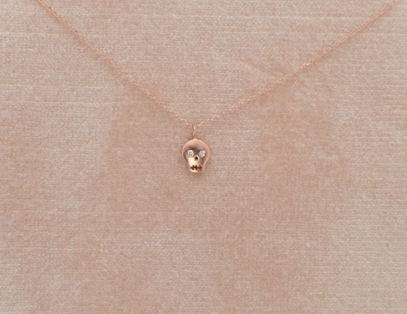 14k Rose Gold Mini Skull Necklace w/ Diamond Eyes on 18” Adjustable chain