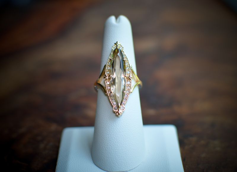14k Yellow Gold Vintage Style Custom Ring w/Smoky Topaz Marquise, w/.26 Diamond ctw