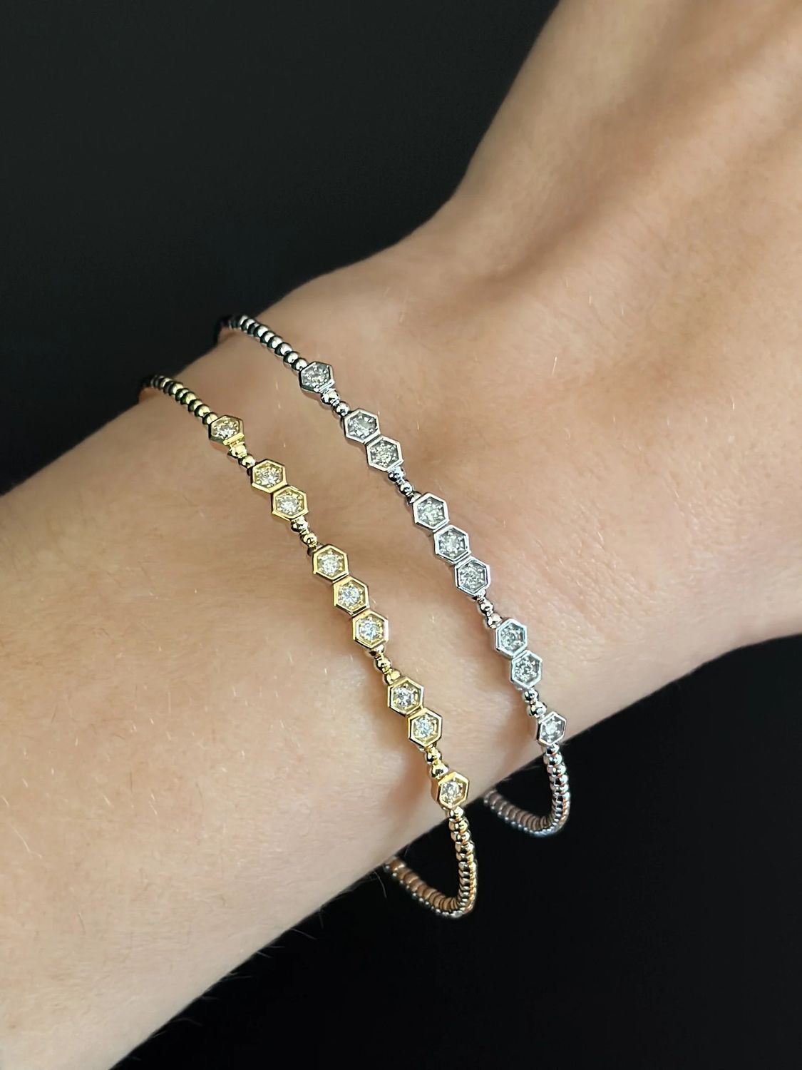 14k Hexagon Station Bangle in Yellow Or White Gold .30 ctw Diamonds