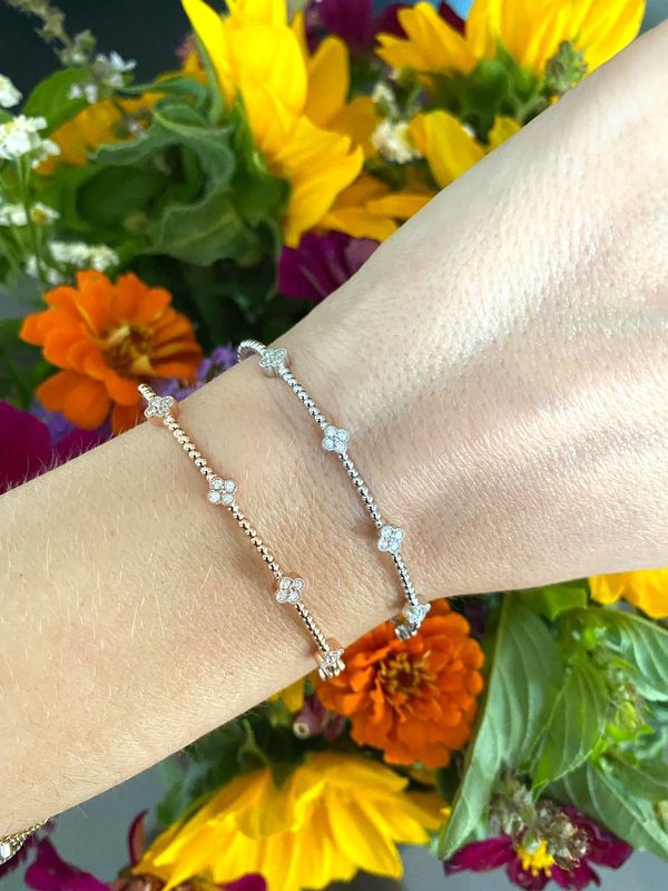14k Clover Flex Diamond Bangle .45 ctw 5 clover stations, Solid clasp, White, Yellow or Rose