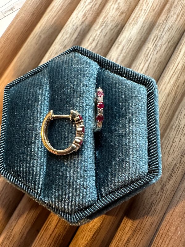 14k Yellow Gold Ruby &amp; Diamond Huggies
