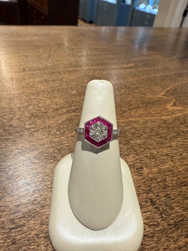 14k White Gold Old Mine Diamond and Ruby Ring D .42cts  R .65cts