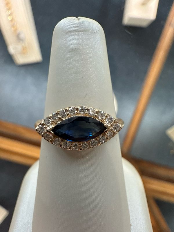 14K Yellow Gold East/West Marquise Shape Blue Sapphire Ring w/ Diamond Halo