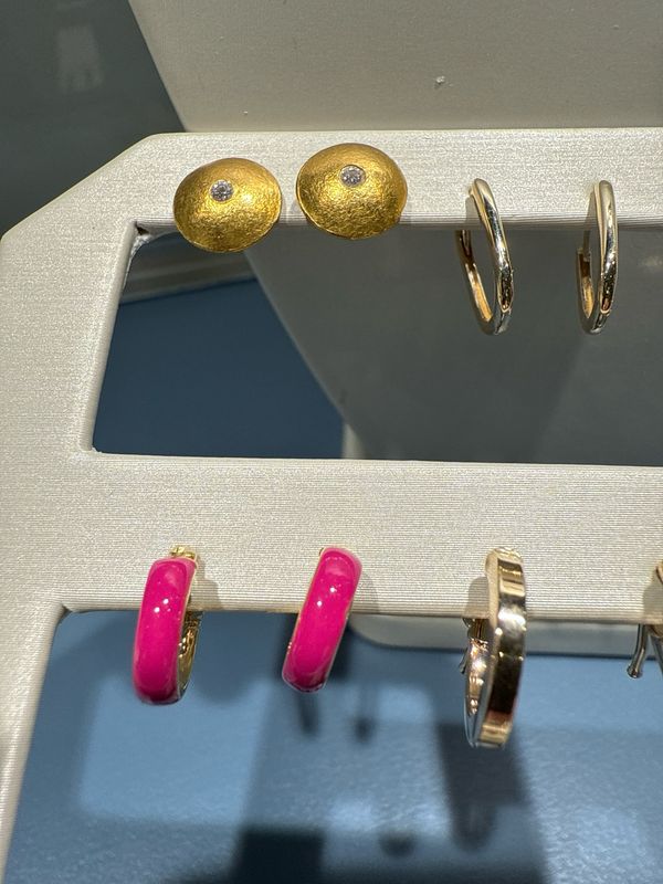 14K Yellow Gold Hot Pink Enamel Huggie Earrings