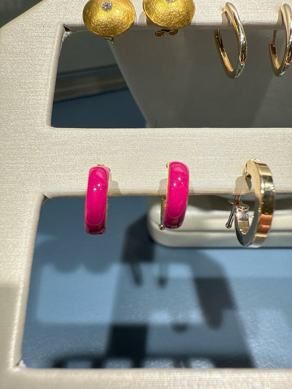 14K Yellow Gold Hot Pink Enamel Huggie Earrings