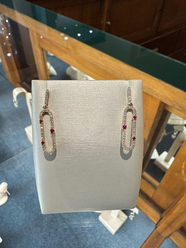 14K Yellow Gold Ruby .14ctw and Diamond .29ctw Paperclip Dangle Earrings