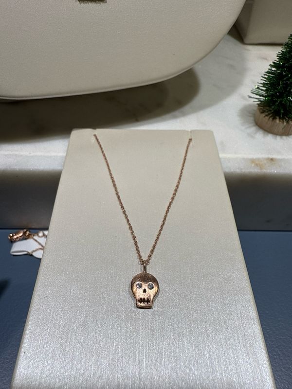 14k Rose Gold Mini Skull Necklace w/ Diamond Eyes on 18” Adjustable chain