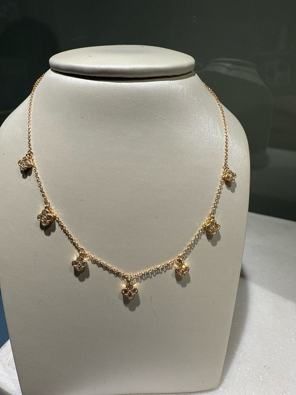 14k Yellow Gold  .51ctw Diamond 7 Clover Station Dangle Necklace