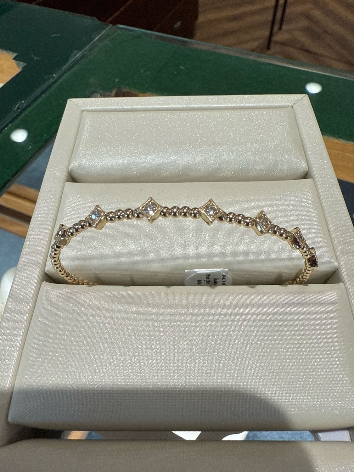 14k Yellow Gold .35ctw Diamond Beaded Flex Bangle - 7 Diamond Shaped Stations