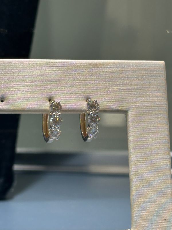 14k Yellow Gold 3 Diamond 1.5ctw Huggie Hinged Hoop Earring