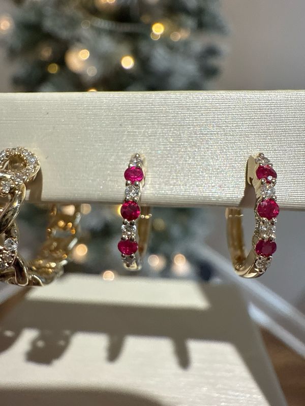 14k Yellow Gold Ruby &amp; Diamond Huggies