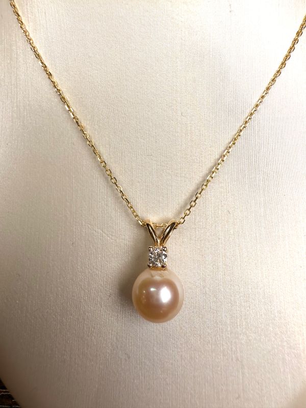 14ky Akoya Pearl Drop Dia Pendant .07ctw 7.75mm 18"inch chain