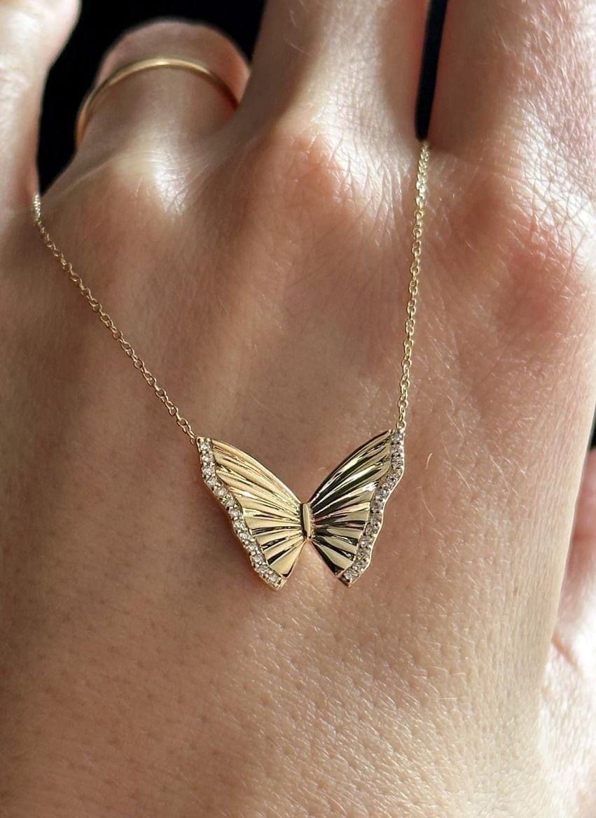 14K Yellow Gold Butterfly Necklace w/ .15ctw Diamonds on 18” Chain