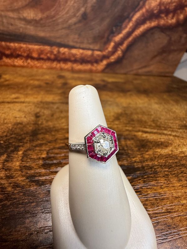 14k White Gold Old Mine Diamond and Ruby Ring D .42cts  R .65cts