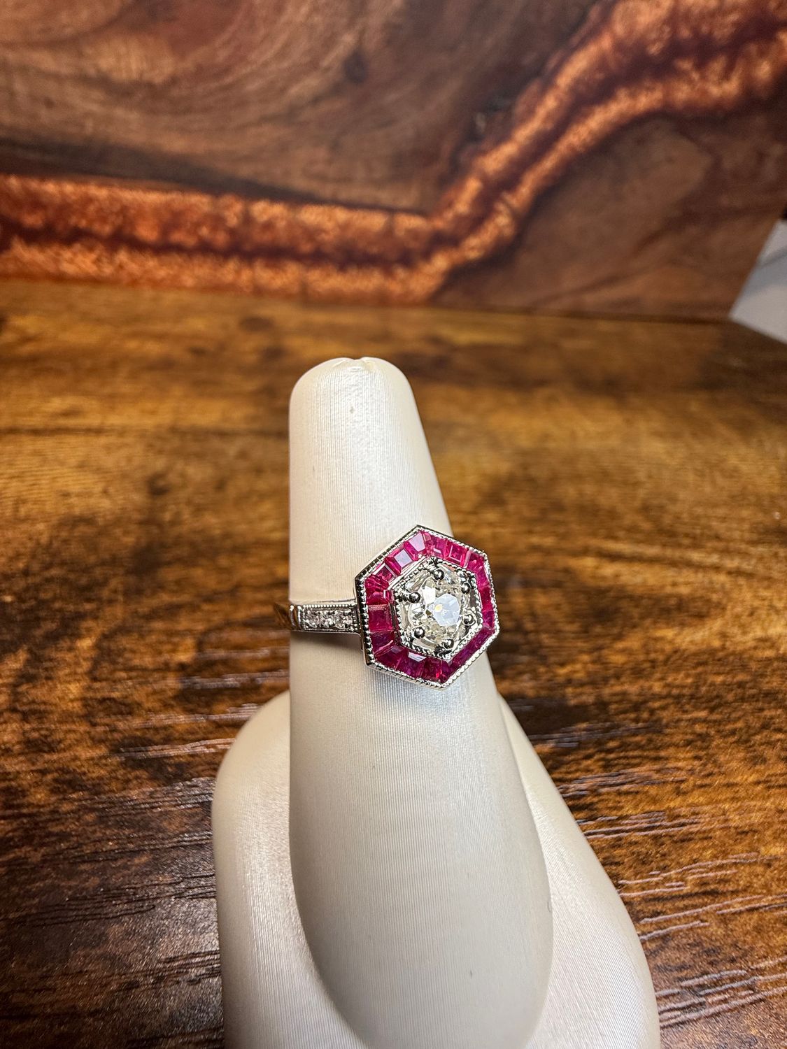 14k White Gold Old Mine Diamond and Ruby Ring D .42cts  R .65cts