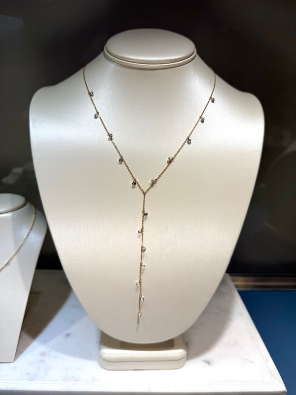 14k Two Tone Gold Diamond 17 Station Diamond Dangle Y Necklace .52 ctw