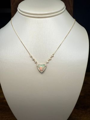 14K Yellow Gold Trilion Cut Opal w/Diamond Halo and Six Diamond Drops 2.28 ct opal-.37 Dia