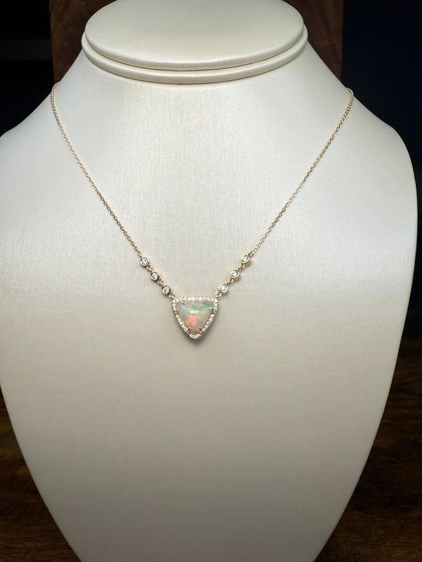 14K Yellow Gold Trilion Cut Opal w/Diamond Halo and Six Diamond Drops 2.28 ct opal-.37 Dia