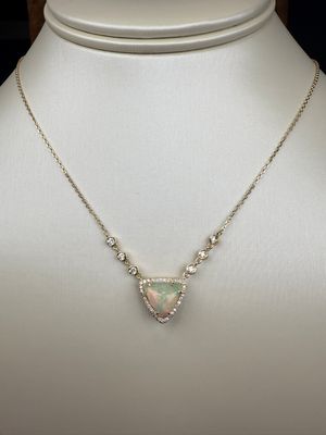 14K Yellow Gold Trilion Cut Opal w/Diamond Halo and Six Diamond Drops 2.28 ct opal-.37 Dia