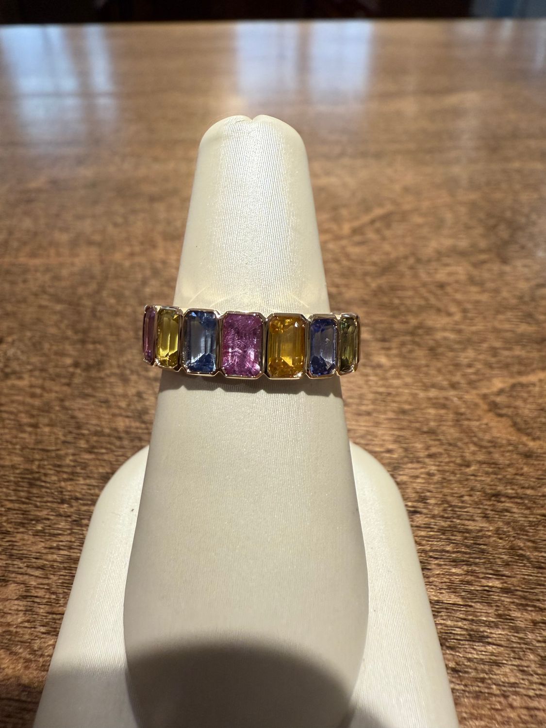 14k Yellow Gold Multi Color Sapphire Ring w/11 Emerald Cut Sapp/ No Heat