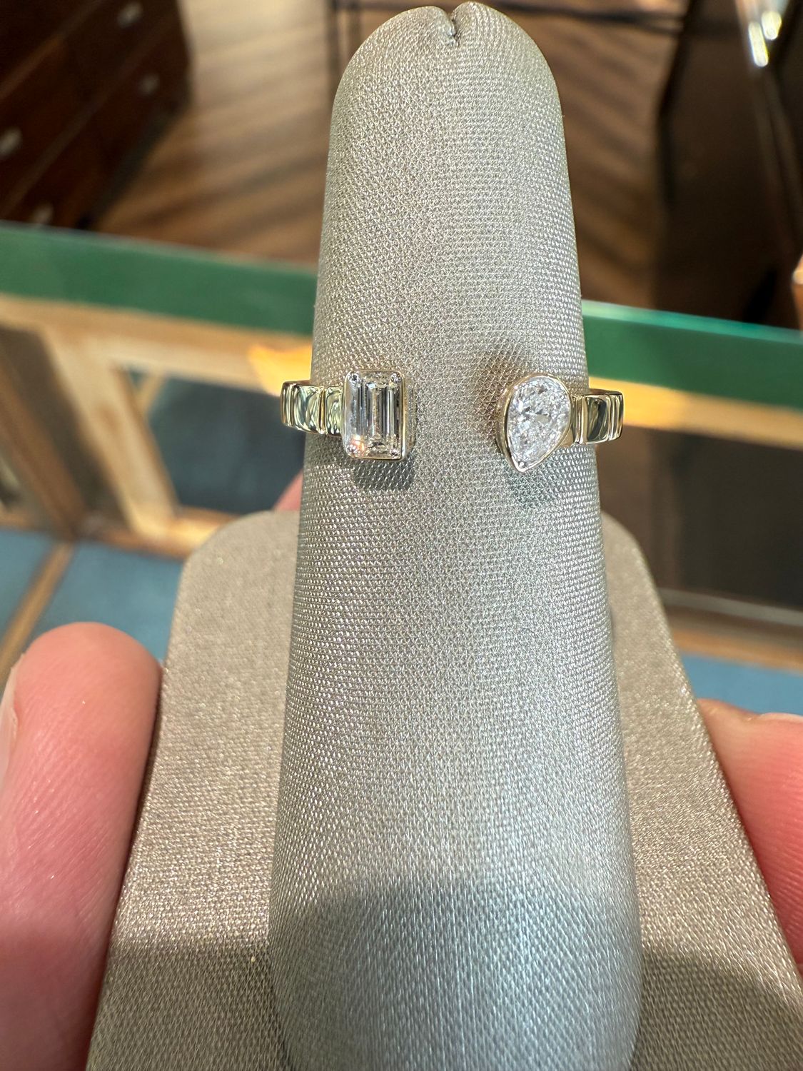 14k Yellow Gold Two Dia Pear and Bag Open Ring