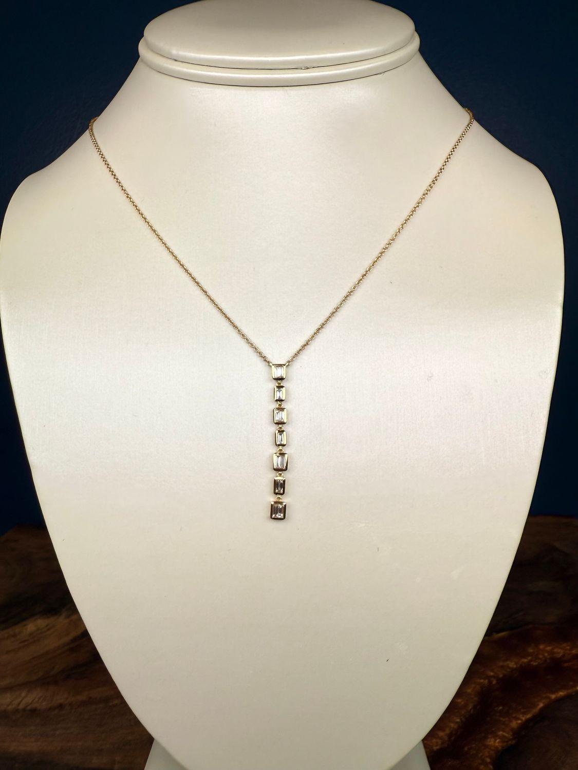 18K Yellow Gold 7 Diamond Baguette Drop Necklace .27 ct Aprox 18&quot; ADJ