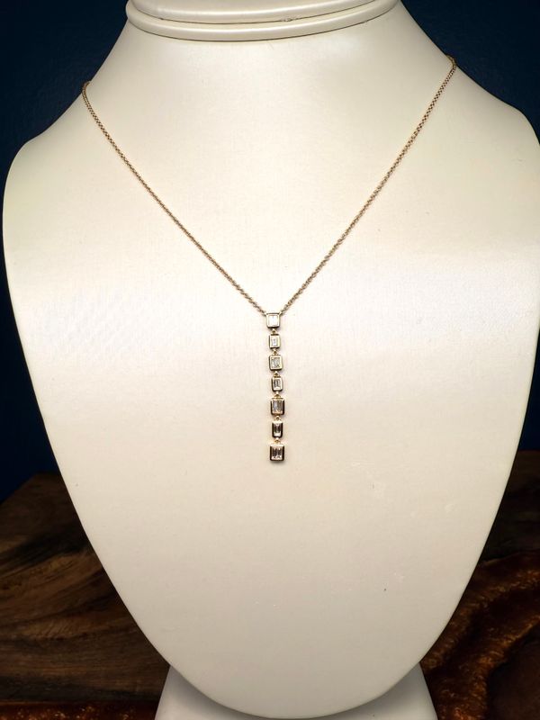 18K Yellow Gold 7 Diamond Baguette Drop Necklace .27 ct Aprox 18" ADJ