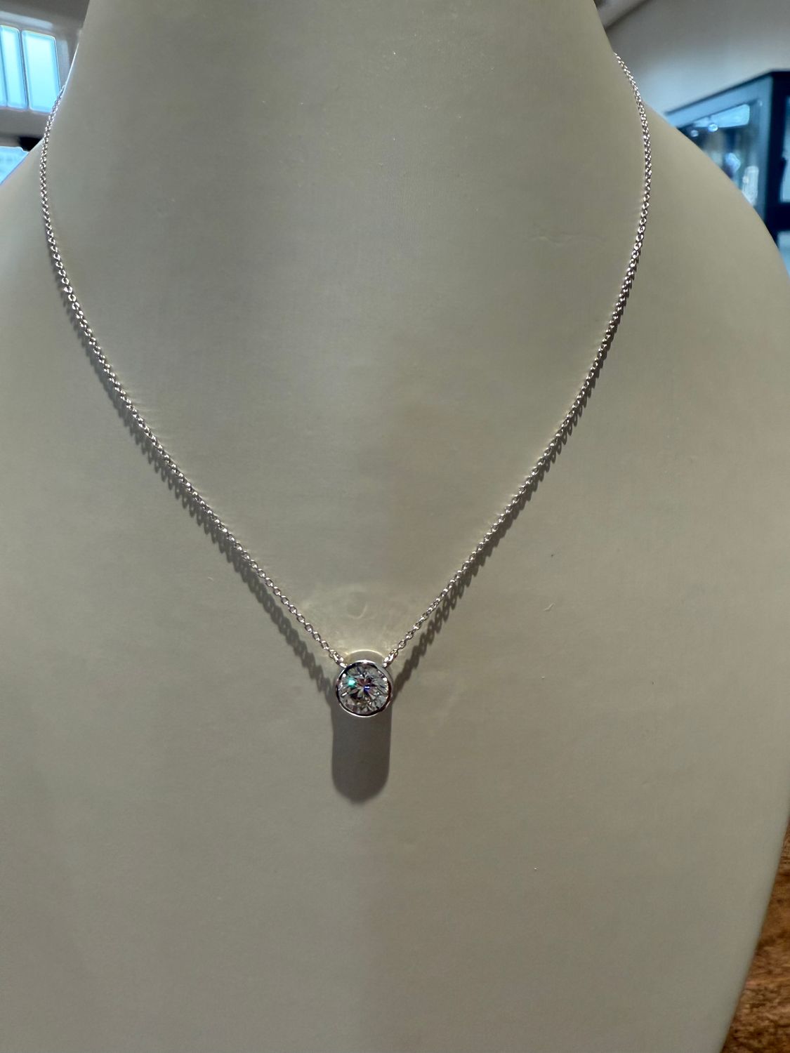 14K White Gold Bezel Set 1 CT Lab Diamond Pendant 18&quot;