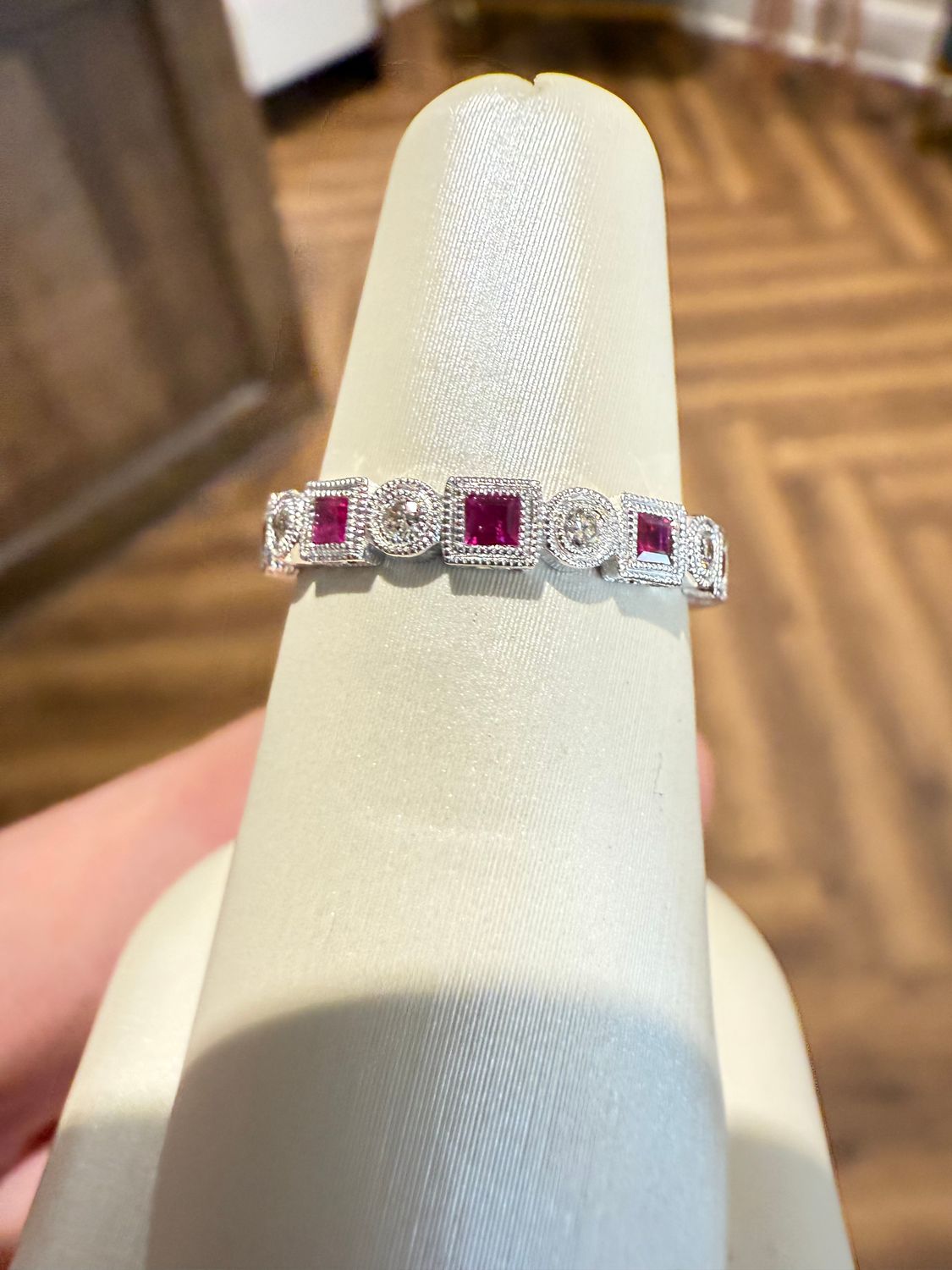 14k White Gold Ruby and Diamond Stackable Band .07ct Dia/ .26ct Ruby