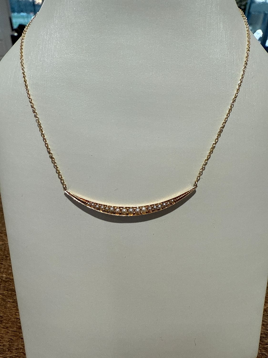 14k Yellow Antique Seed Pearl Cresent Moon Pendant on 18&quot; chain