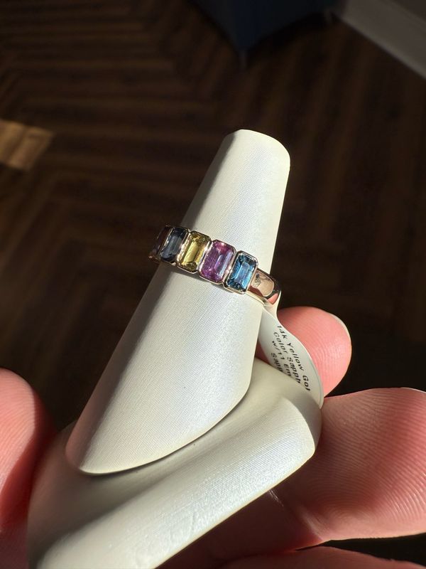 14k Yellow Gold Multi Color Sapphire Ring w/11 Emerald Cut Sapphire/ All No Heat Sapphire 3.78ctw