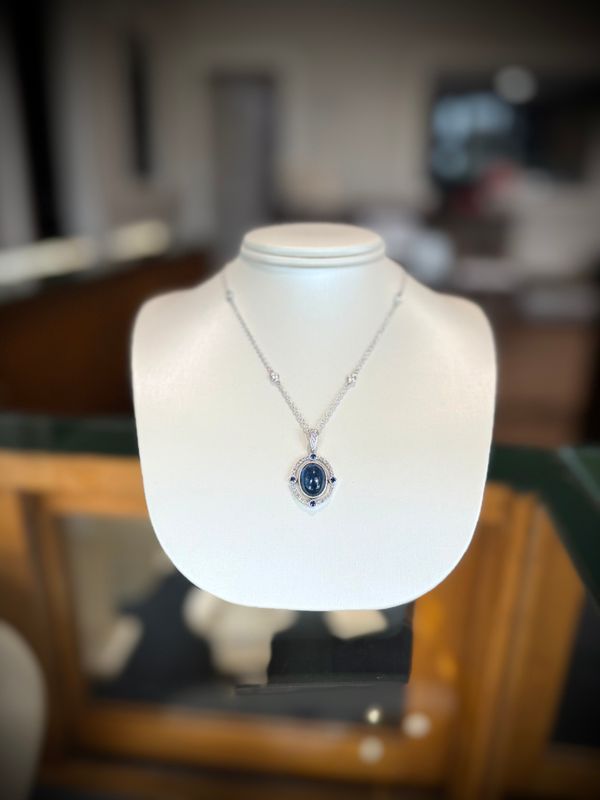 14k White Gold Custom Necklace With A 8.55ct Cabochon Sapphire With Diamond and Sapphire accents/ 4 Diamond Bezel Stations .55ctw Dia