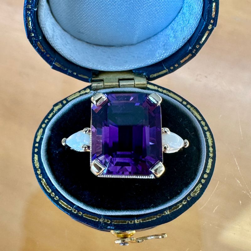 14k Yellow Gold Emerald Cut Amethyst &amp; Opal 3 Stone Ring