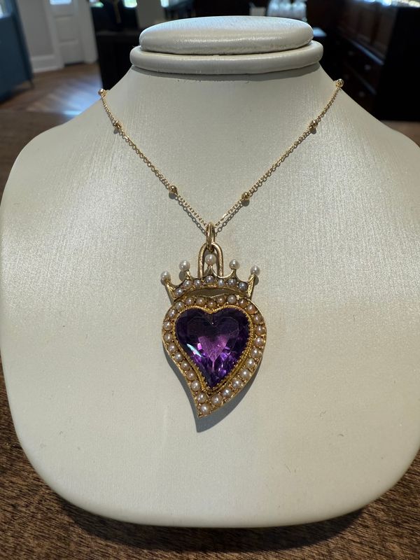 14k Yellow Amethyst Heart and Seed Pearl Pendant only/ Estate