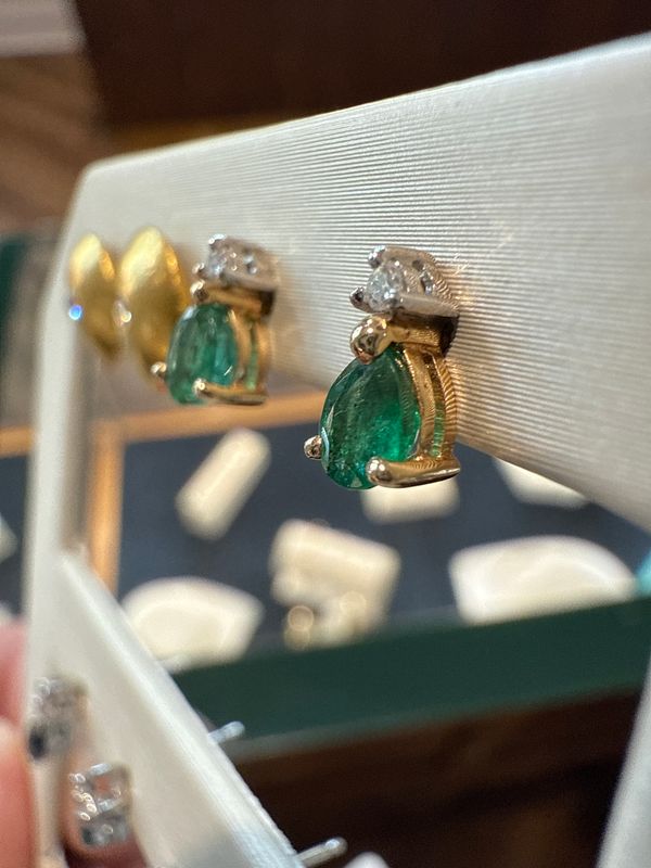 14k Yellow Gold Pear Shape Emerald &amp; Diamond Studs