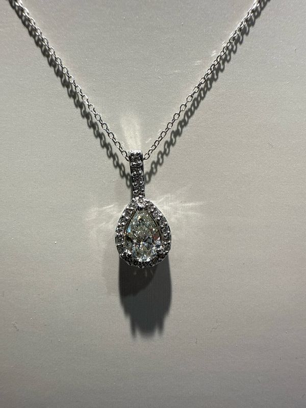14K White Pear Diamond Pendant .70 Ct GIA J VS2 with halo Estate