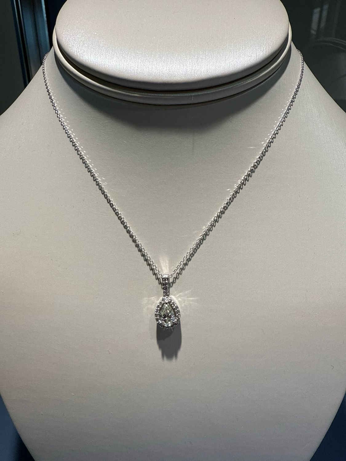 14K White Pear Diamond Pendant .70 Ct GIA J VS2 with halo Estate