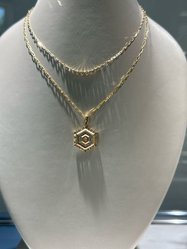 14K Yellow Gold .34ctw Diamonds in Hexagon Shape Brushed Gold Necklace