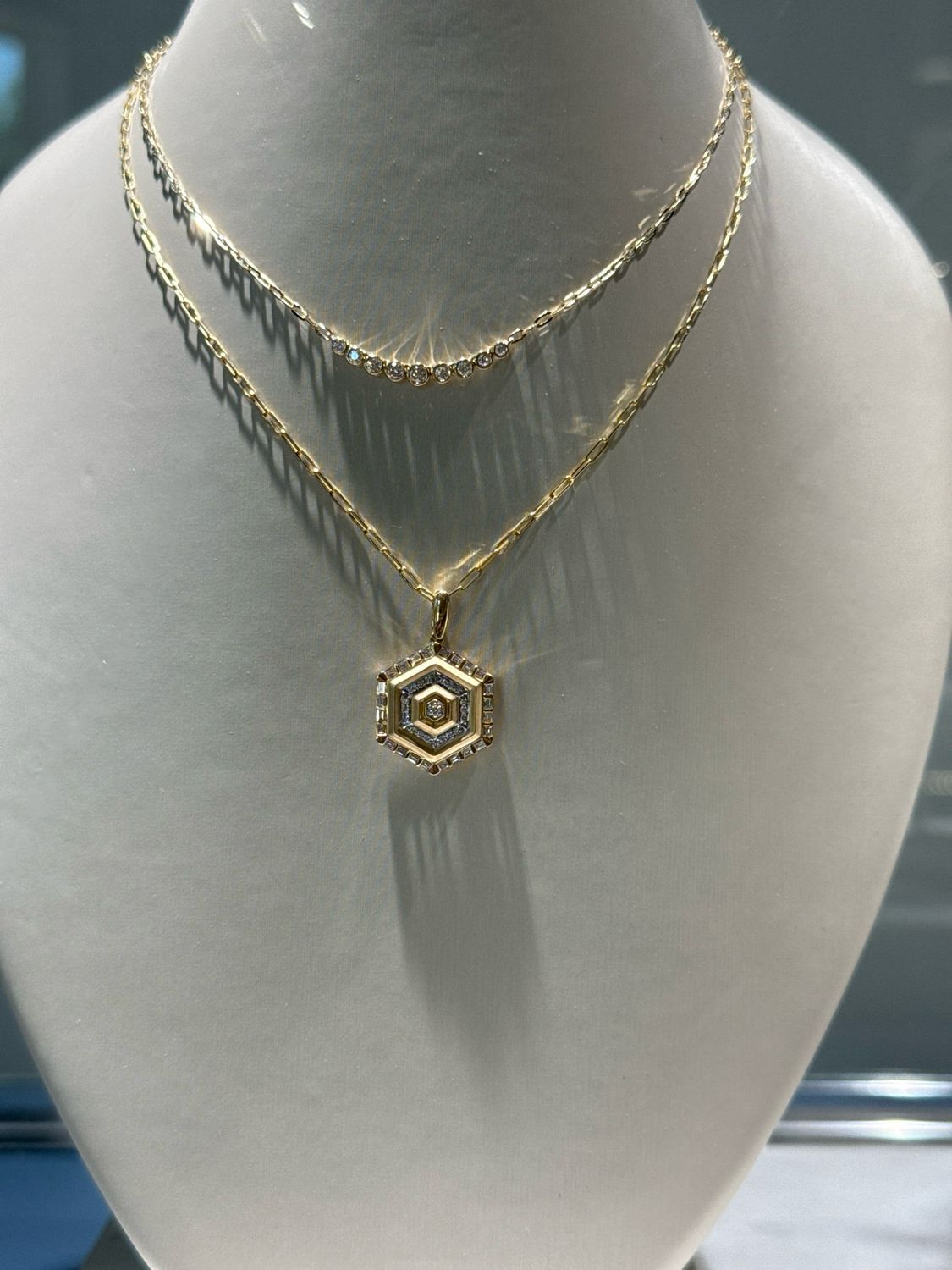 14K Yellow Gold .34ctw Diamonds in Hexagon Shape Brushed Gold Necklace