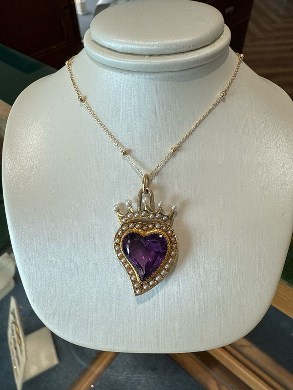 14k Yellow Amethyst Heart and Seed Pearl Pendant only/ Estate